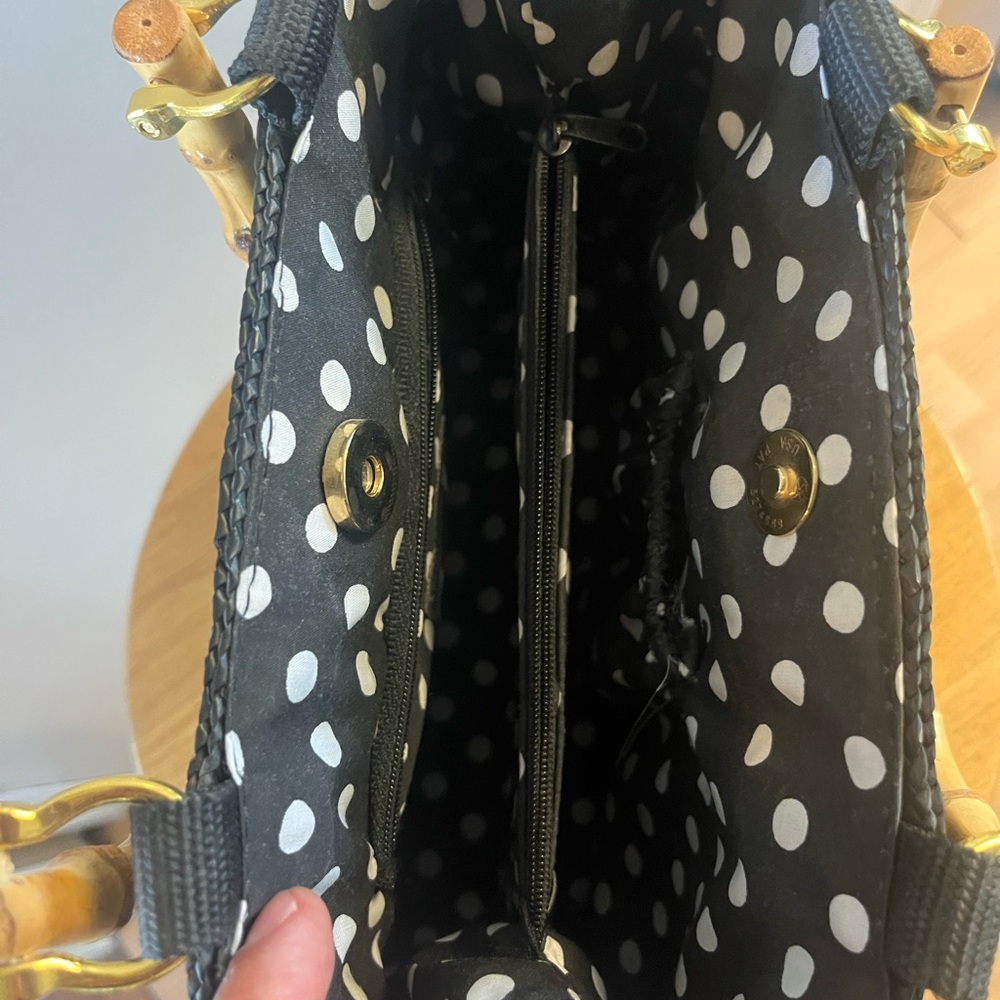 Elegant Black and Tan Woven Tote with Bamboo Handles - Picture 6 of 6